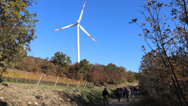 Gruppo di persone che passeggiano su strada di campagna vicino pala eolica
