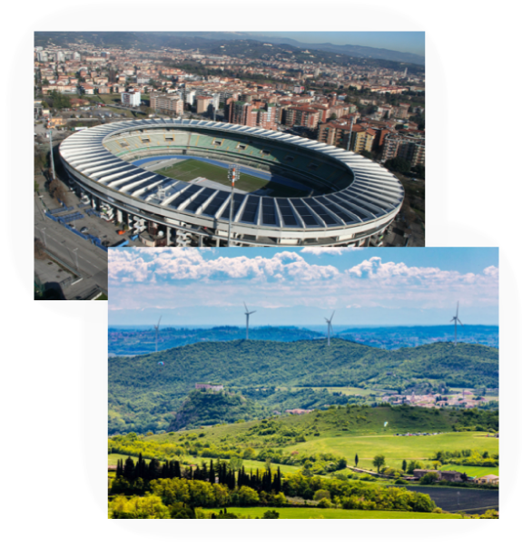 Insieme di immagini raffiguranti uno stadio e una centrale eolica su colline